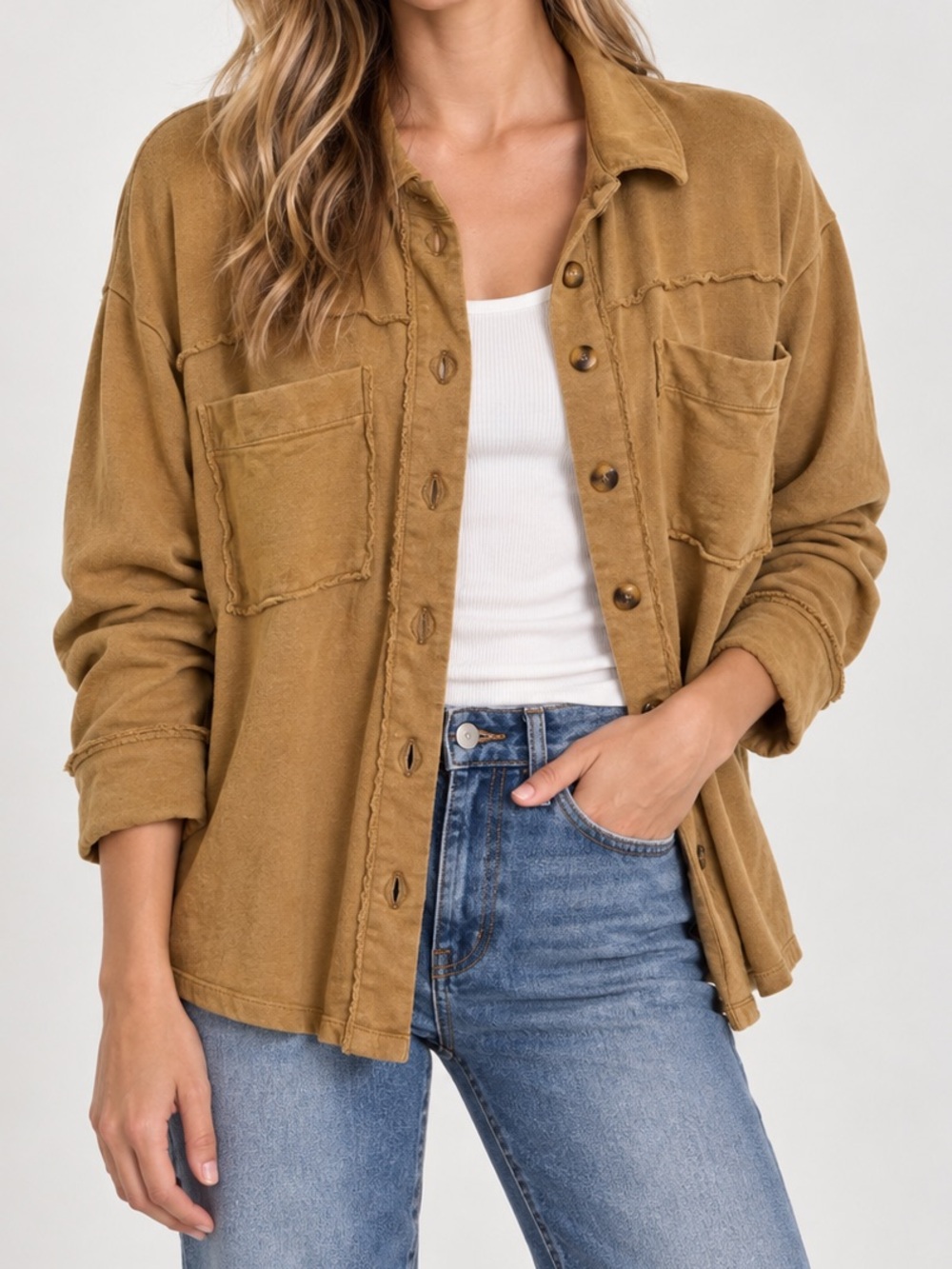 Kensie Shacket Flowy Oversized Button Down Camel Brown Tan Small